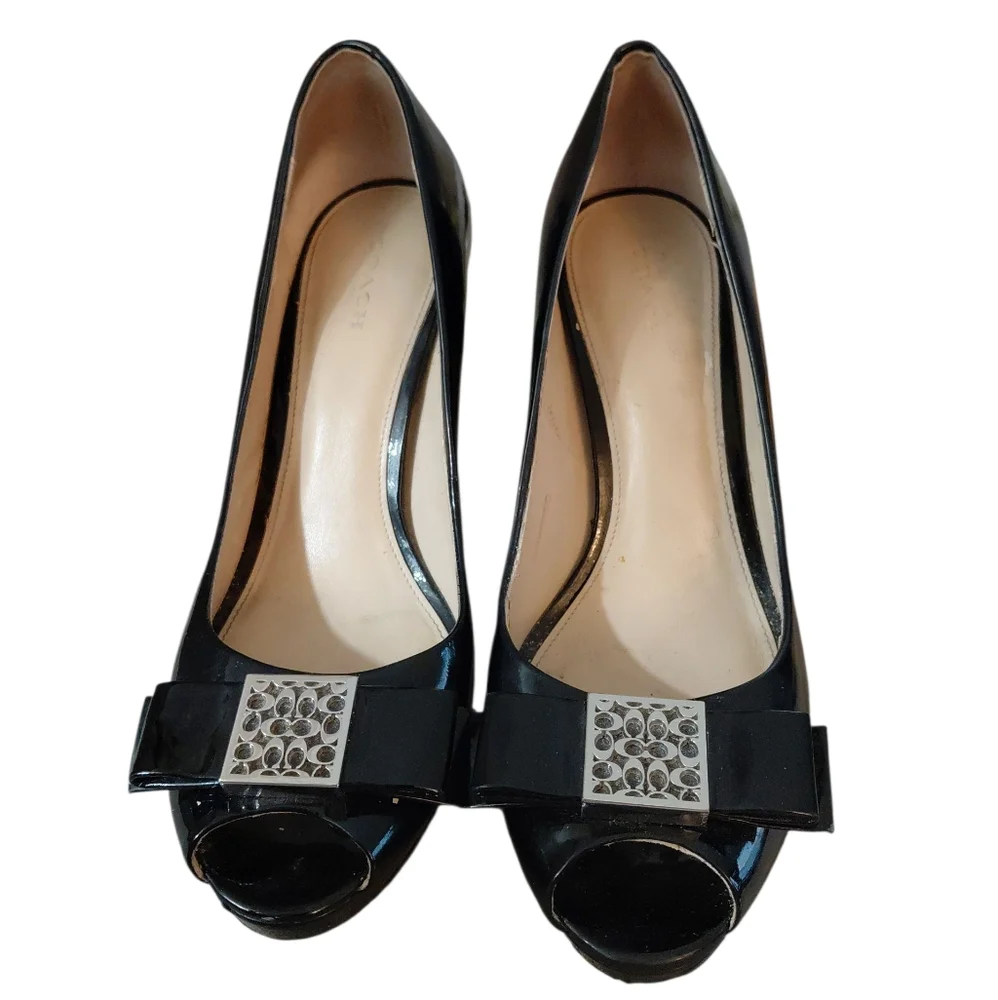 Coach Scarlet Peep-Toe Platform Pumps Black Patent Leather Heels Size 9 - Picture 2 of 15